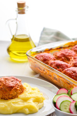 Meatballs and mashed potato. Rustic dinner.