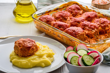 Meatballs and mashed potato. Rustic dinner.