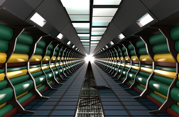 Sci-Fi modern cylinder corridor illuminated with spot lights suitable for Science room background, Railway tunnel Background, and Spaceship inside background., 3d render