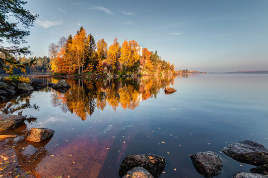 Autumn view of the Monrepos Park, Vyborg, Leningrad Region. Beatiful autumn landscape