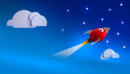 3d rendering background with red rocket takes off across cloud to stars