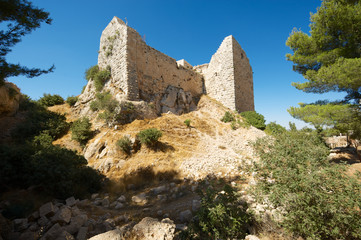 Ajloun fortress ruins on the hill  in Ajloun, Jordan. This ayyubid castle was built in the 12th century, used by crusaders and arabs.