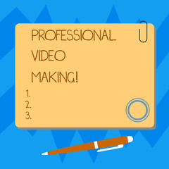 Word writing text Professional Video Making. Business concept for Filmmaking Images digitally recorded by an expert Blank Square Color Board with Magnet Click Ballpoint Pen Pushpin and Clip