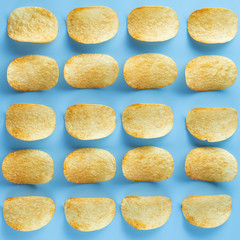 Close-up rows and columns of potato chips