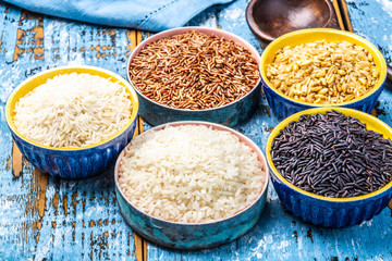 Different types of rice, white basmati, jasmine, arborio, brown and black