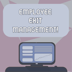 Writing note showing Employee Exit Management. Business photo showcasing Separation process when an employee resign Mounted Computer Screen with Line Graph on Desk Blank Color Text Box