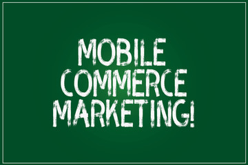 Obraz premium Conceptual hand writing showing Mobile Commerce Marketing. Business photo showcasing Trading goods through wireless handheld devices Color Rectangular Shape Outline and Round Beam in Center