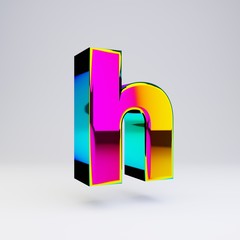 Holographic 3d letter H lowercase. Glossy font with multicolor reflections and shadow isolated on white background.