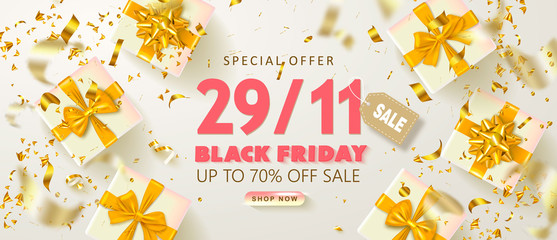 Black friday sale background with gift boxes and serpentine. Modern design.Universal vector background for poster, banners, flyers, card. - obrazy, fototapety, plakaty