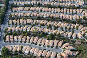 Aerial view of suburban Stevenson Ranch homes and cul-de-sac streets in Los Angeles County, California.