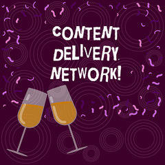 Writing note showing Content Delivery Network. Business photo showcasing Geographically dispersed network of proxy servers Filled Wine Glass for Celebration with Scattered Confetti photo
