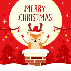 Deer Merry Christmas Cartoon Vector Graphic - Cute Deer in Chimney Illustration - Red Full Moon Greeting Cards Vector