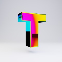 Holographic 3d letter T uppercase. Glossy font with multicolor reflections and shadow isolated on white background.