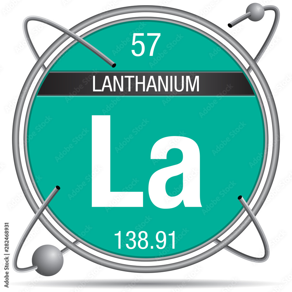Poster Lanthanium symbol inside a metal ring with colored background and spheres orbiting around. Element number 57 of the Periodic Table of the Elements - Chemistry - Posters
