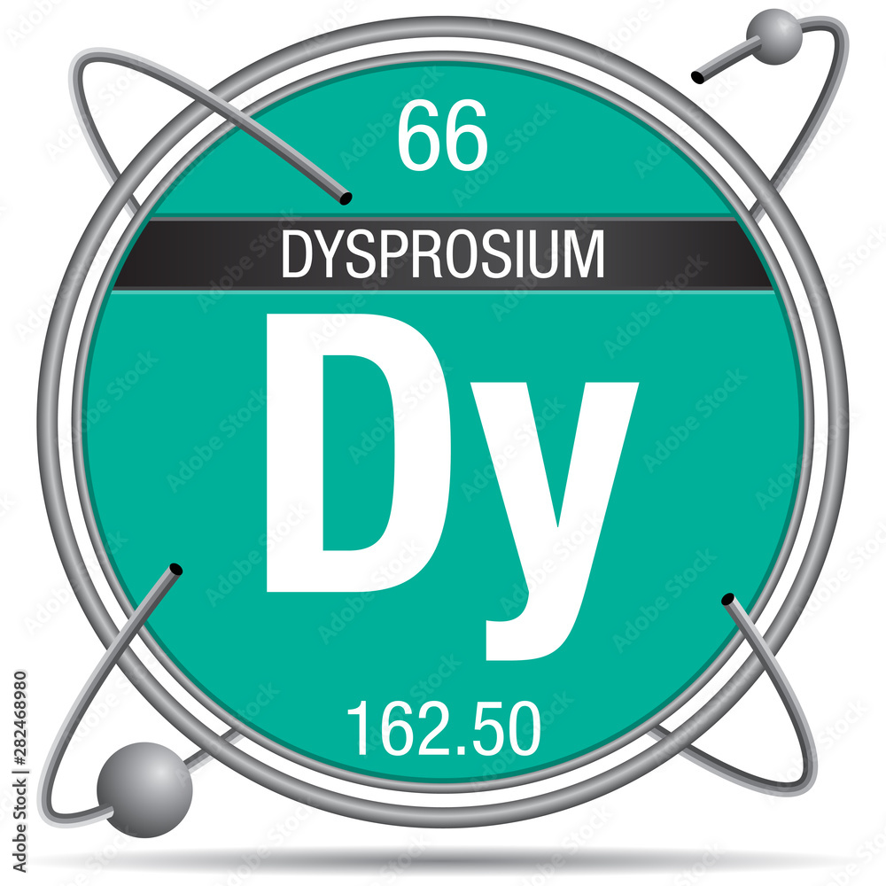 Poster Dysprosium symbol inside a metal ring with colored background and spheres orbiting around. Element number 66 of the Periodic Table of the Elements - Chemistry - Posters