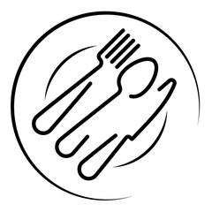 Abstract logo of a cafe or restaurant. A spoon, knife and fork on a plate. A simple outline.