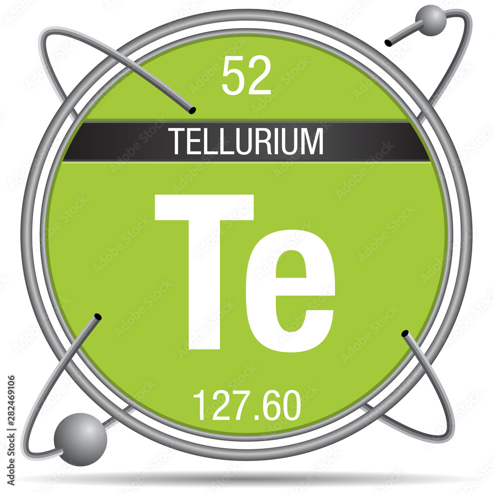 Poster Tellurium symbol  inside a metal ring with colored background and spheres orbiting around. Element number 52 of the Periodic Table of the Elements - Chemistry - Posters