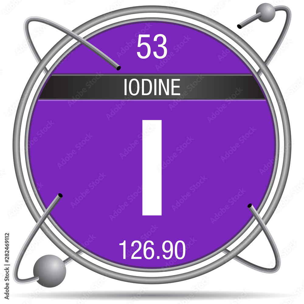 Wall mural Iodine symbol  inside a metal ring with colored background and spheres orbiting around. Element number 53 of the Periodic Table of the Elements - Chemistry - Wall murals