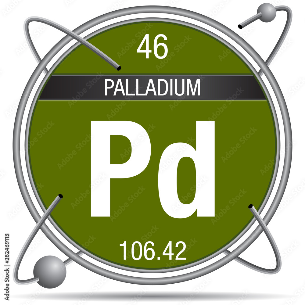 Poster Palladium symbol  inside a metal ring with colored background and spheres orbiting around. Element number 46 of the Periodic Table of the Elements - Chemistry - Posters