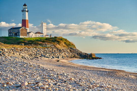 Montauk Lighthouse and beach, Long Island, New York, USA.