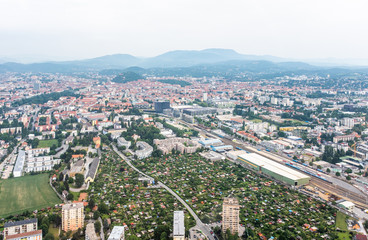 Fototapeta na wymiar City Graz aerial view with district Jakomini, east railway station