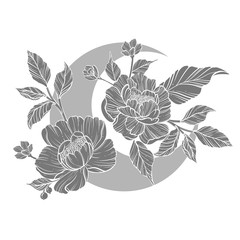 Moon with peony flowers. Beautiful illustration with moon and flowers.