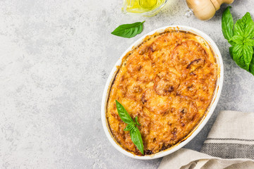 Zucchini casserole. Top view, space for text.