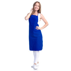 Woman in blue apron smile on white background isolation