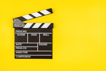 Fototapeta na wymiar Clapperboard or clap board : Movie shooting accessory, used in filmmaking and video production to assist in synchronizing of picture and audio or sound, to designate and mark various scenes and takes