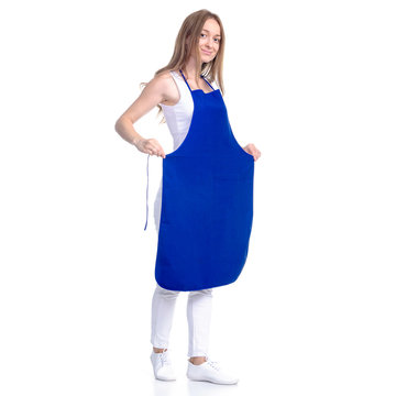 Woman In Blue Apron Smile On White Background Isolation