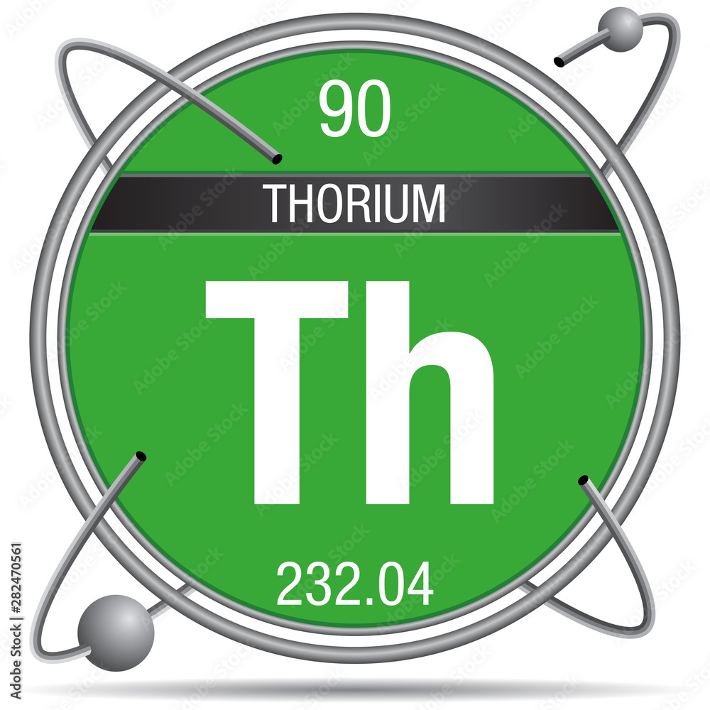 Poster Thorium symbol  inside a metal ring with colored background and spheres orbiting around. Element number 90 of the Periodic Table of the Elements - Chemistry  - Posters
