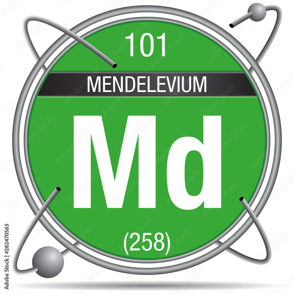 Wall mural Mendelevium symbol inside a metal ring with colored background and spheres orbiting around.  Element number 101 of the Periodic Table of the Elements - Chemistry - Wall murals