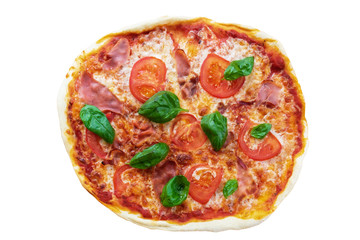 top view of fresh homemade pizza with serrano ham, sliced tomatoes and basil isolated on white background