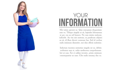 Woman in blue apron with kitchen bowl in hand on white background isolation