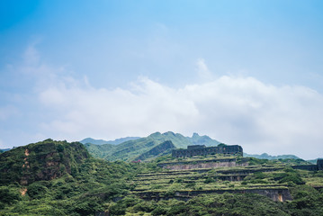Obraz premium 13-Layer Remains (Remains of Copper Refinery) Aerial View in Yinyang Sea of Shuinandong, Ruifang District, New Taipei, Taiwan.