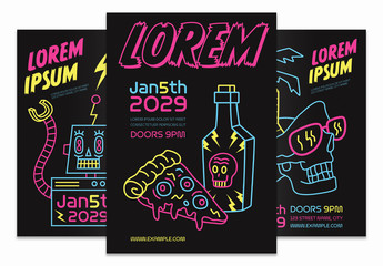 Neon Cartoon Style Poster Layout Set