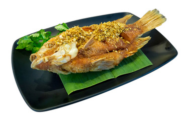 DEEP-FRIED RUBY FISH WITH GARLIC, focus selective