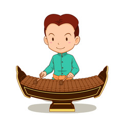 Cartoon character of boy playing Ranad. Thai musical instrument in the percussion family.