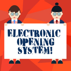 Word writing text Electronic Opening System. Business concept for Electronic access control system Keycards Male and Female in Uniform Standing Holding Blank Placard Banner Text Space