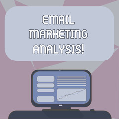 Writing note showing Email Marketing Analysis. Business photo showcasing Examining the sending of messages to customer Mounted Computer Screen with Line Graph on Desk Blank Color Text Box