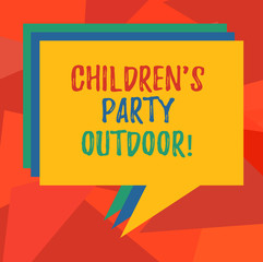 Word writing text Children S Is Party Outdoor. Business concept for Kids festivity held outside the house Stack of Speech Bubble Different Color Blank Colorful Piled Text Balloon