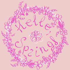 Hello spring greeting card. Hand drawn illustration with wood background effect. Flower wreath and lettering.