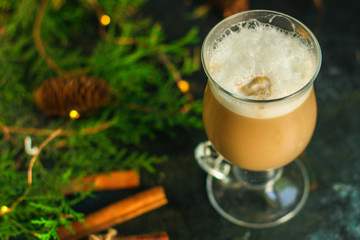 gingerbread, cappuccino, gifts and holiday, happy New Year. festive background. food background. top view