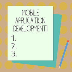 Text sign showing Mobile Application Development. Conceptual photo Writing software for digital devices Stack of Blank Different Pastel Color Construction Bond Paper and Pencil