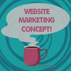 Writing note showing Website Marketing Concept. Business photo showcasing process of using the Internet to market a business Mug of Hot Coffee with Blank Color Speech Bubble Steam icon