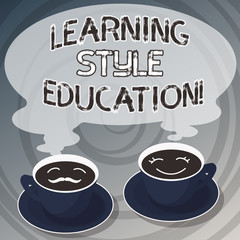 Word writing text Learning Style Education. Business concept for Method or technique a demonstrating uses to learn Sets of Cup Saucer for His and Hers Coffee Face icon with Blank Steam