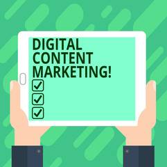 Conceptual hand writing showing Digital Content Marketing. Business photo text distributing content to a targeted audience online Hu analysis Hand Holding Tablet Smartphone Display Unit photo