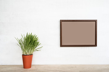 Empty frame on white wall. Place for text, green houseplant.