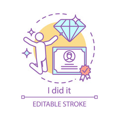 Successful learning end concept icon. Education motivation idea thin line illustration. I did it. Getting diploma, certificate. Successful graduating student. Vector isolated drawing. Editable stroke