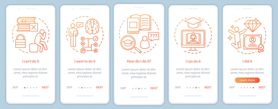 Education motivation onboarding mobile app page screen with linear concepts. Way to success. Careerist, yuppie, workaholic. Steps graphic instructions. UX, UI, GUI vector template with illustrations